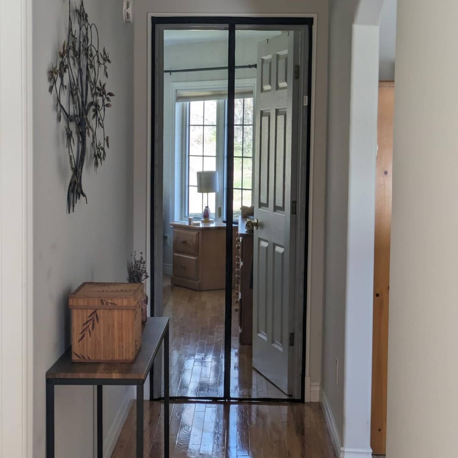 A black magnetic mesh screen door closed across a doorway